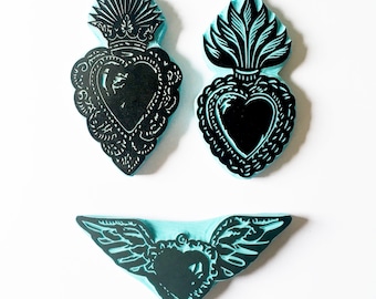 Sacred Heart Rubber Stamps, folk art heart stamp, tattoo style religious images