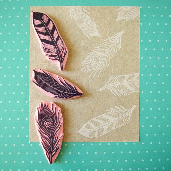 Feathers Rubber Stamps, set of 3 stamps, hand carved stamps, handmade by Cassastamps