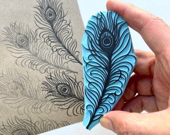 Peacock feather rubber stamp, Big size,  hand carved stamp by cassastamps
