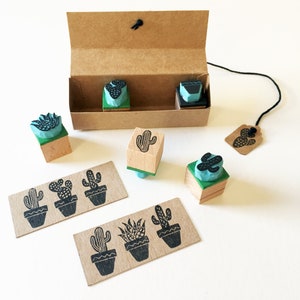 Cactus rubber stamps, set of 5, mini stamps, hand carved, succulent plants, cactus plants, cacti image 2