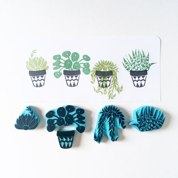 Plant pot rubber stamp with 4 different plants options, hand carved rubber stamps of plants, mix and match, plant lover idea, Cassastamps