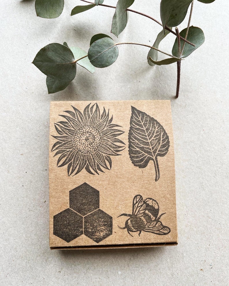 Sunflower and bee rubber stamp gift set. Hand carved rubber stamp Spring gift set image 2