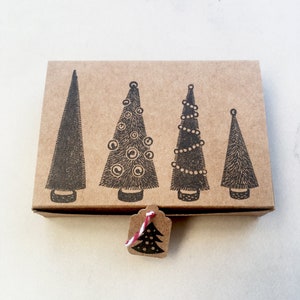 Timbri in gomma con alberi di pino con spazzola per bottiglie, timbri natalizi, timbri intagliati a mano, alberi vintage, Natale vintage
