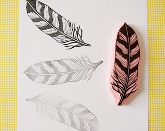 Stripped feather rubber stamp, hand carved stamp, owl feather, stamping, tribal decor