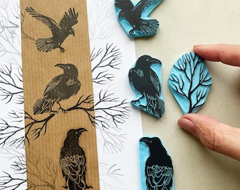 Hand Carved Raven Rubber Stamps, Dark Academia and woodland nature Bird Stamps