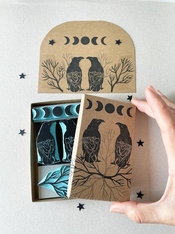 Rubber stamp set of Ravens with dry branch and moon phases for a dark academia style stamping