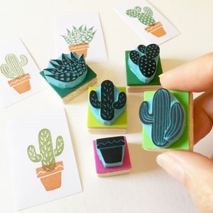 Cactus Rubber Stamps,  Desert Cactus Stamp with Plant Pot, Set of 5 Stamps or Individual Stamps, Hand Carved Stamps, CassaStamps.