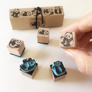 Tampons en caoutchouc Ours panda, lot de cinq mini tampons, sculptés à la main par Cassastamps