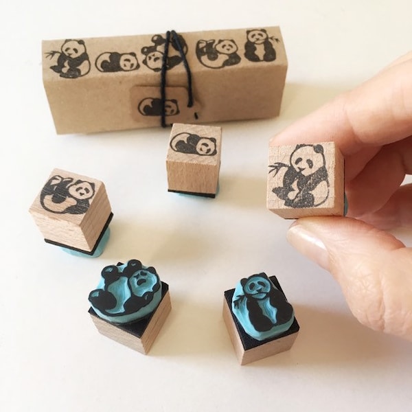Panda Bear rubber stamps, set of five mini stamps, hand carved by Cassastamps