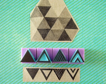 Mini triangles rubber stamps, set of 4, hand carved,  DIY decor, hipster, geometry, set of stamps
