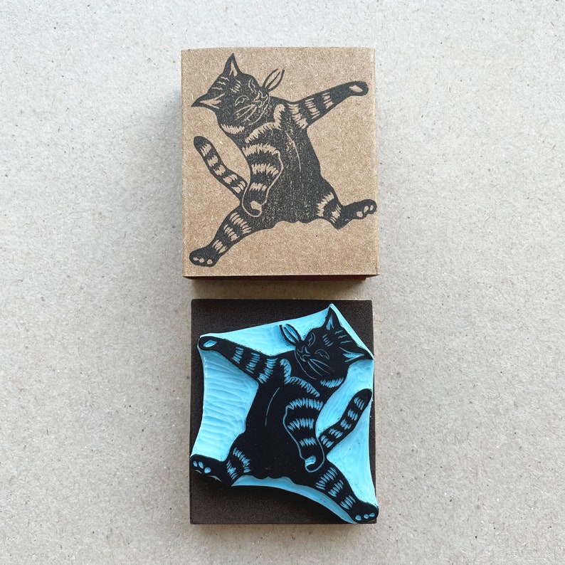 Cat rubber stamp, flying cat hand carved rubber stamp for cat lovers gift, pet stamp mounted + box