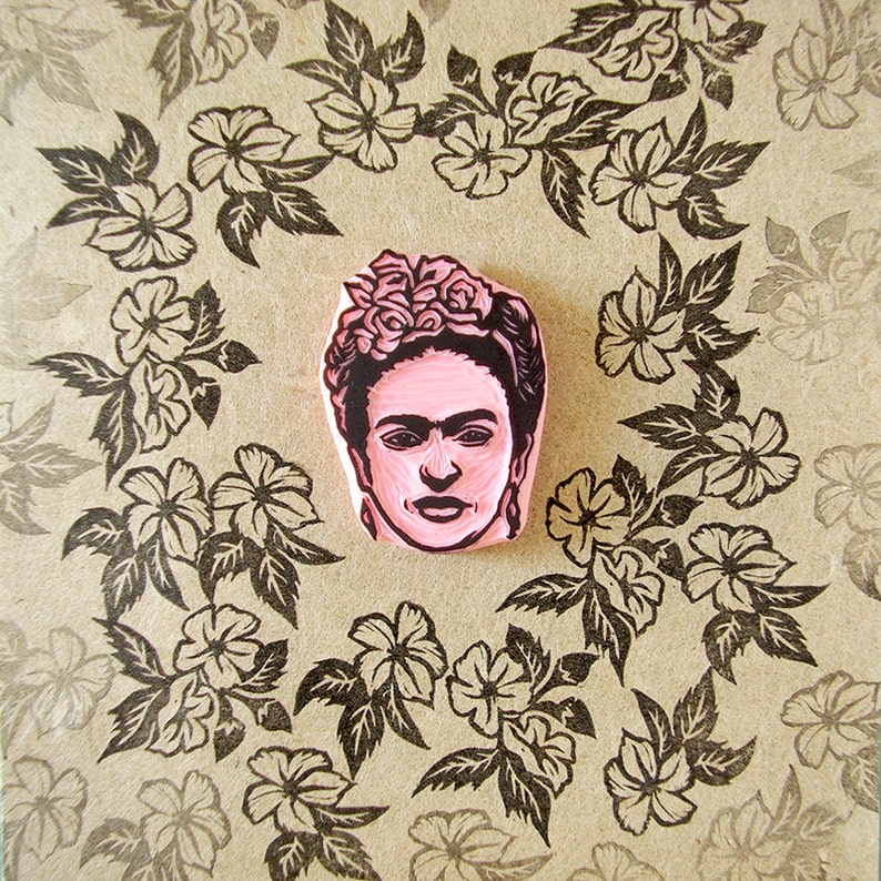 Frida Portrait Stamp, Mexican Decor, Hand Carved Stamp, Frida Kahlo Fan Gift image 1
