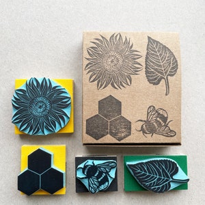 Sunflower and bee rubber stamp gift set. Hand carved rubber stamp Spring gift set image 4
