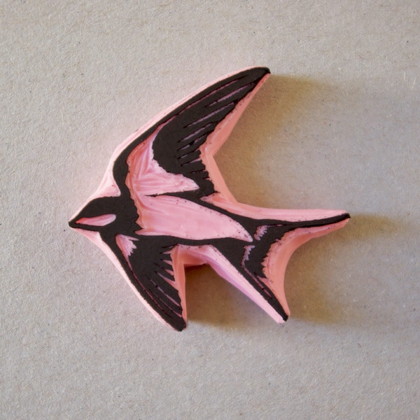 Swallow bird mounted rubber stamp hand carved by cassastamps