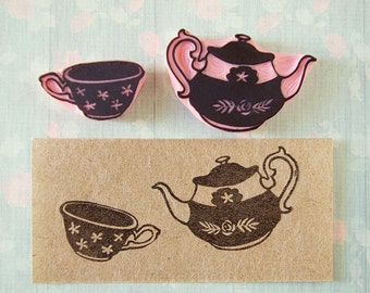 Tea Time Rubber Stamps, Hand Carved Tea Cup and Teapot Set