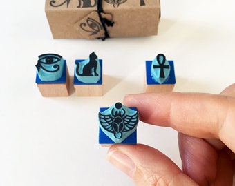 Egyptian icons rubber stamp set, mini stamp set of 4, hand carved stamps, cassastamps, Egyptian iconography, set of stamps