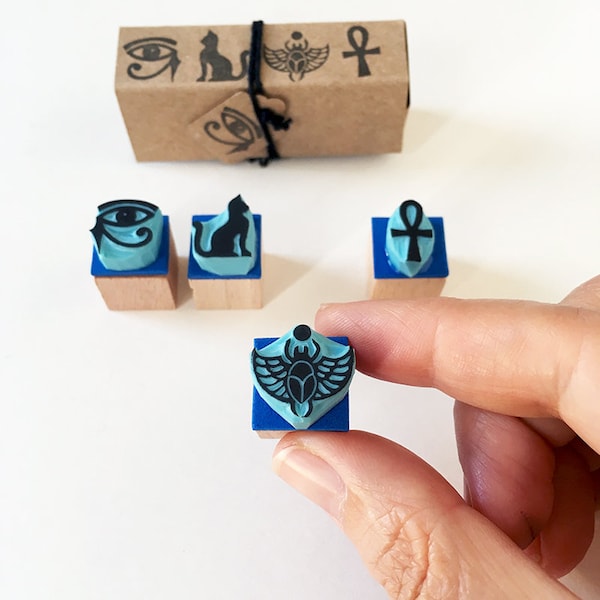 Egyptian icons rubber stamp set, mini stamp set of 4, hand carved stamps, cassastamps, Egyptian iconography, set of stamps