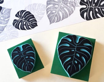 Monstera leaf hand carved rubber stamp, in two sizes