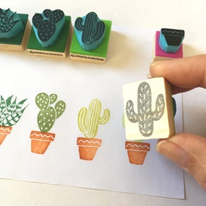 Cactus rubber stamps, set of 5, mini stamps, hand carved, succulent plants, cactus plants, cacti Bigger set 1"