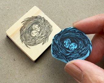 Bird nest rubber stamp, hand carved bird nest with eggs rubber stamp by Cassastamps. Nest with eggs