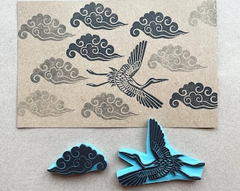 Hand Carved Crane Rubber Stamp: Japanese Art Cloud Design