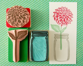 Dahlia rubber stamp, Flower rubber stamp with mason Jar, stem detached for easy stamping