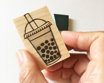 Bubble tea rubber stamp, hand carved rubber stamp for journaling stamping