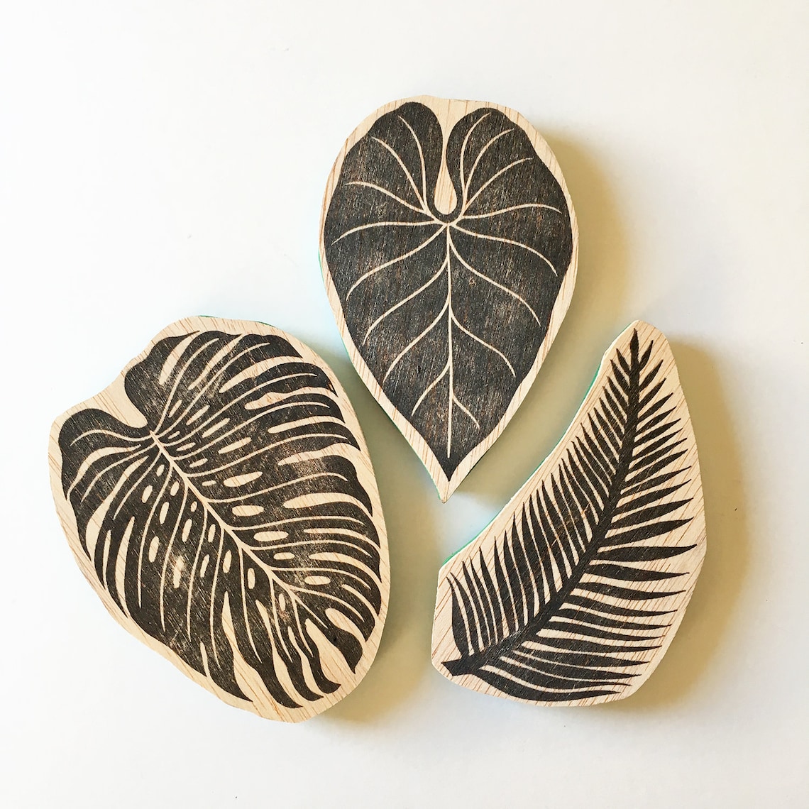 Large Rubber Stamp set of 3 tropical leaves. Handcarved by Etsy