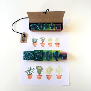 Cactus rubber stamps, set of 5, mini stamps, hand carved, succulent plants, cactus plants, cacti image 3