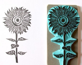 Hand Carved Sunflower Rubber Stamp - Summer Wedding Decor
