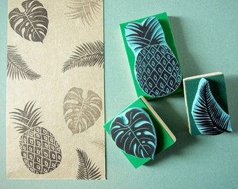 Tropical Rubber Stamps, set of 3 rubber stamps, hand carved stamps, handmade, made in spain