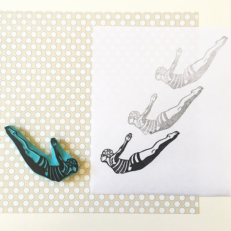 Swimmer Rubber Stamp, Hand Carved Stamp, Stamp Handmade, Vintage Swimmer, Vintage Stamp, Stamping, DIY image 4