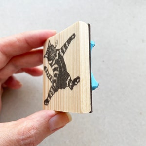 Cat rubber stamp, flying cat hand carved rubber stamp for cat lovers gift, pet stamp mounted on wood