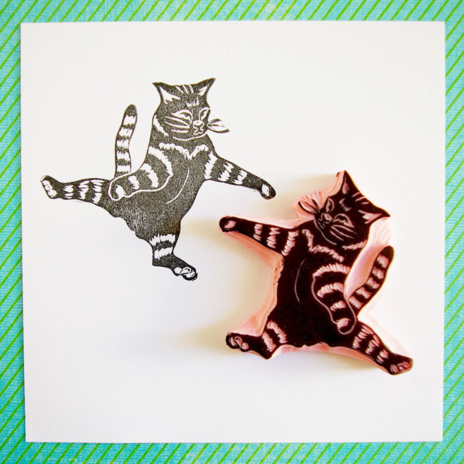 Cat rubber stamp flying cat rubber stamp hand carved stamp Etsy