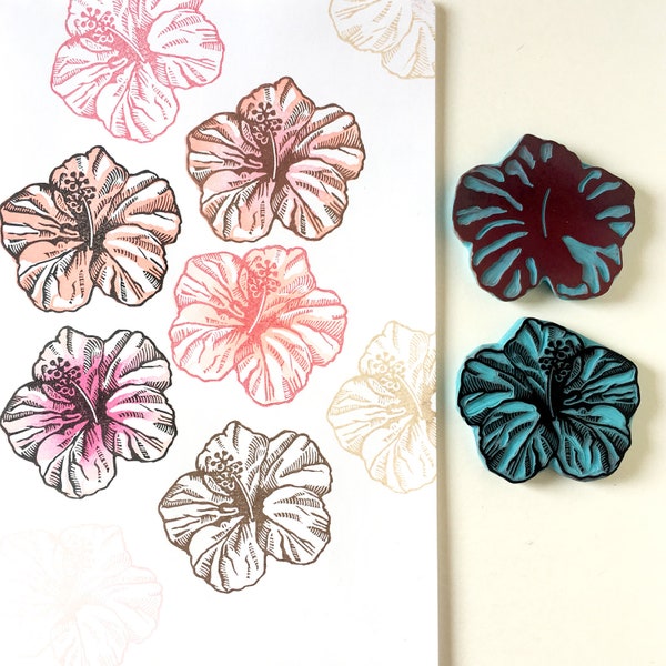 Hibiscus flower rubber stamp, set of stamps for two color stamping. Handmade by Cassastamps