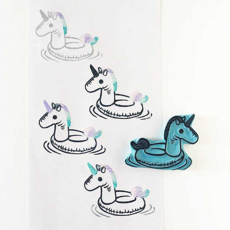 Unicorn pool float, rubber stamp, hand carved stamp, unicorn love image 1