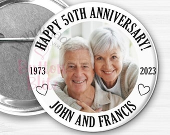 Personalized Anniversary Party Pins, Custom Photo Marriage Party Pinback Favors, Custom Wedding Anniversary Party Buttons,