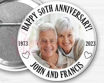 Personalized Anniversary Party Pins, Custom Photo Marriage Party Pinback Favors, Wedding Anniversary Party Buttons, 20th 30th 40th 50th etc.