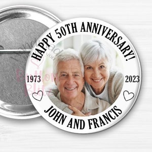 Personalized Anniversary Party Pins, Custom Photo Marriage Party Pinback Favors, Custom Wedding Anniversary Party Buttons,