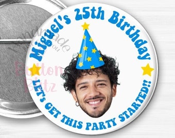 Custom Face Cutout Buttons, Personalized Photo Birthday Party Pins, Fun Face Party Favor, Happy Birthday Buttons, 1.50" & 2.25" -B2869