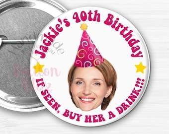 Custom Head Cutout Buttons, Personalized Photo Birthday Party Pins, Fun Face Party Favor, Happy Birthday Buttons, 1.25" 1.50" & 2.25" BB2869