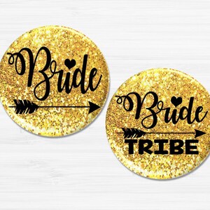 Bride Tribe Party Pins, Tribal Bachelorette Party Favors, Gold Wedding Bridal Party, Bachelorette Party Pins, Glitter Bride Pins BB1422A
