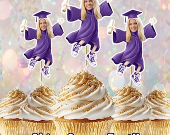 Custom Graduation Party Cupcake Toppers, You Choose the Color, High School Photo Topper, Grad Hat, Personalized College Celebration
