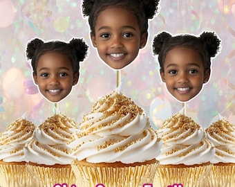 Custom Face Cupcake Toppers, Baby Photo Topper, Fun Party Hat, Personalized Cupcake Topper for Milestone Birthday, Head on Stick Decoration