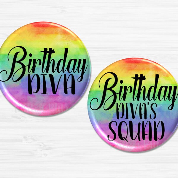 Birthday Diva Party Favors, Birthday Crew Pins, Birthday Party Buttons, Birthday Decorations, Happy Birthday Diva, 2.25" Option BB1414D