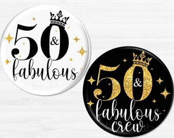 50th Birthday Party Buttons, Fifty and Fabulous Birthday Party Favors, Birthday Party Buttons, Fiftieth Birthday Party Favors - BB2888C