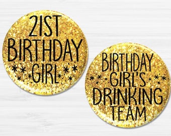 21st Birthday Party Favors, 21st Birthday Pins, 21st Birthday Buttons, 21st Gold Birthday Party Decorations, Happy Birthday  BB1359A