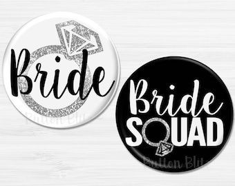 Bride Squad Party Badges, Bachelorette Party Favors, Bride Squad Party Pins, Bachelorette Party Pins, Silver Bridal Party Pins - BB1344B