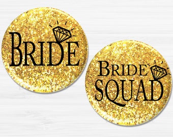 Bride Squad Party Buttons, Bachelorette Party Favors, Bride Squad Pinback Buttons, Gold Glitter Bridal Party, Bachelorette Party Pins BB1571