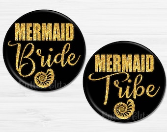 Mermaid Bride Tribe Bachelorette Party Buttons, Team Bachelorette Party Pinback Favors, Fun Bachelorette Party Pins, 2.25" Option - BB1411A